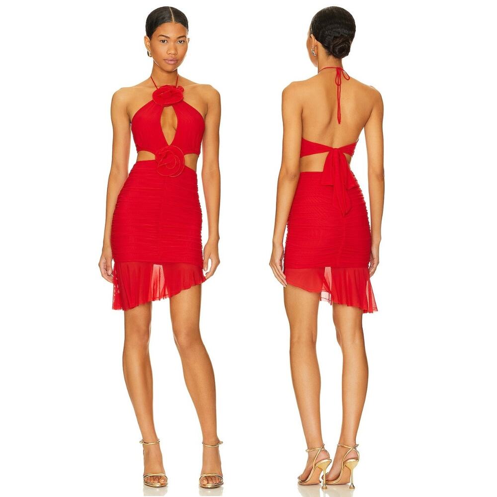 Majorelle Yesenia Mini Dress Halter Ruched Mesh Rosette Party Hoco Romantic S
